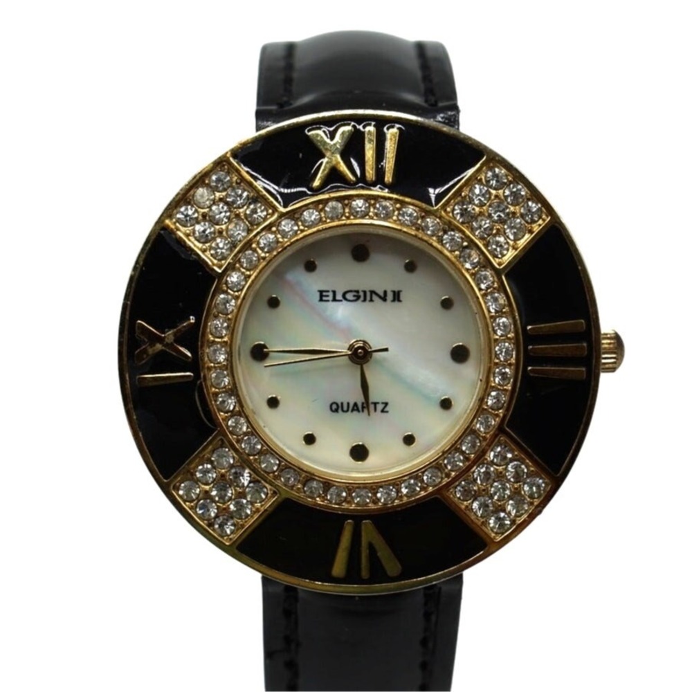 Ladies Elgin II Quartz Watch Mother of Pearl Dial Crystal Bezel Black Gold 39mm